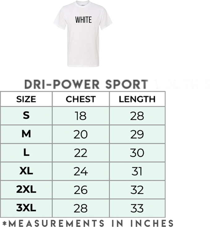 Adult size chart for the game day spirit shirt, sublimation polyester tee.
