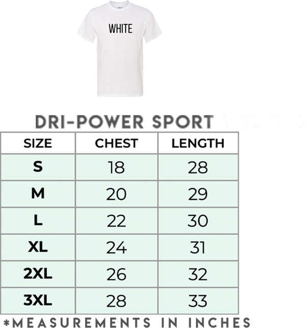 Adult size chart for the game day spirit shirt, sublimation polyester tee.