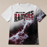 Flat lay of the all over game day spirit shirt in red and black team colors, white fading into dark red and black waves with the football team design.