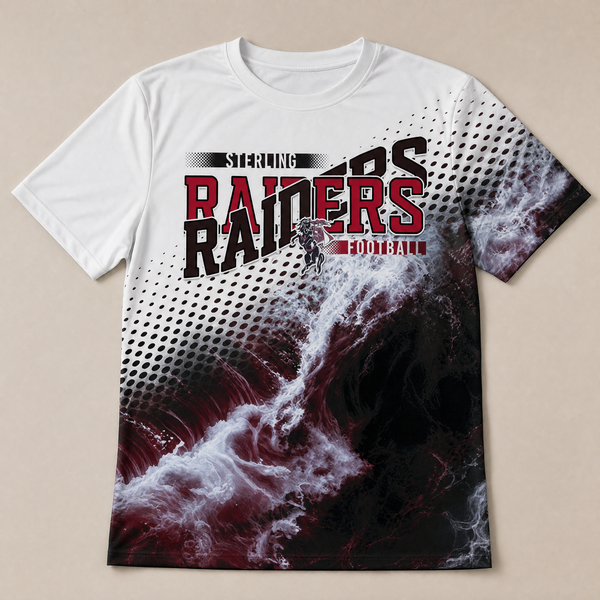 Flat lay of the all over game day spirit shirt in red and black team colors, white fading into dark red and black waves with the football team design.
