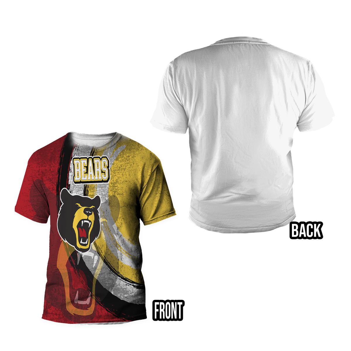 Shirt type guide: all over print on the front only, no image on the back.