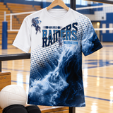 All over volleyball spirit shirt on a hanger on the gym bleacher railing above a volleyball and knee pads.
