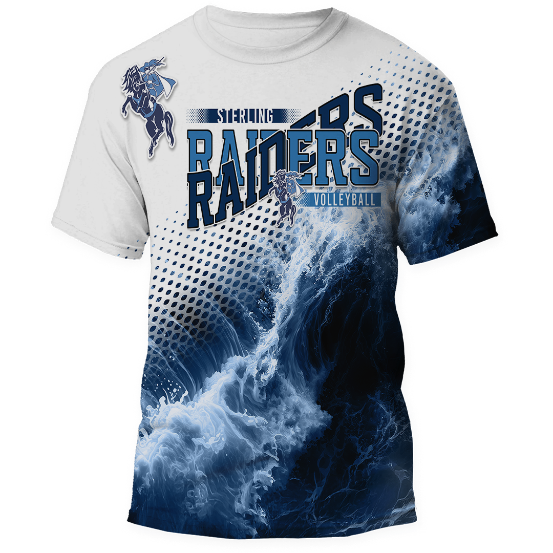 All over game day spirit shirt, volleyball version, with a navy and light blue team design across the chest and the mascot on the shoulder.