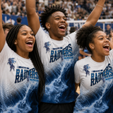 Teenagers cheering in a school student section wearing matching all over volleyball spirit shirts with the mascot on the shoulder.