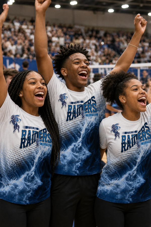 Teenagers cheering in a school student section wearing matching all over volleyball spirit shirts with the mascot on the shoulder.