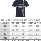 Youth size chart for the game day spirit shirt, sublimation polyester tee.
