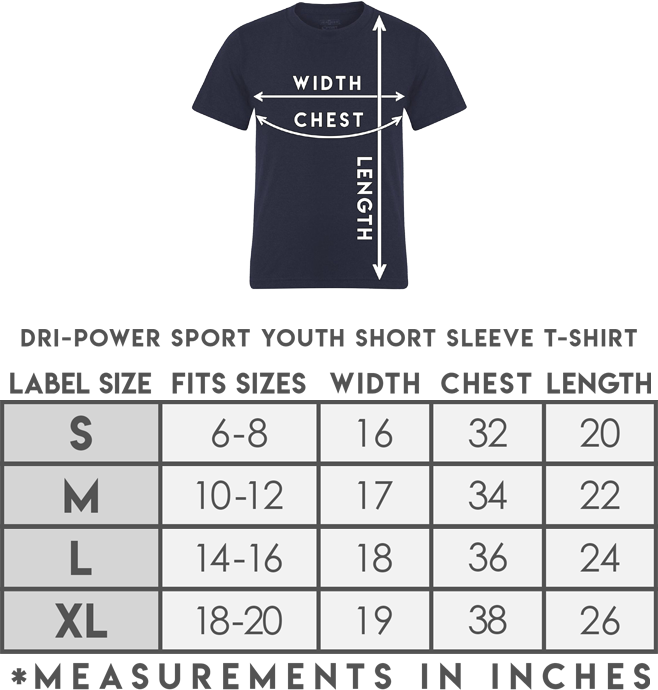 Youth size chart for the game day spirit shirt, sublimation polyester tee.