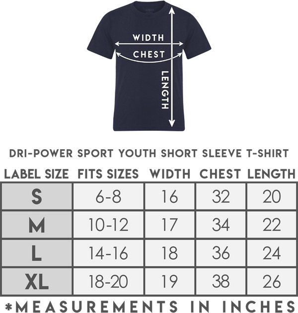 Youth size chart for the game day spirit shirt, sublimation polyester tee.