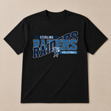 Flat lay of a black game day team tee with a navy and light blue volleyball team design printed in full color on the front.