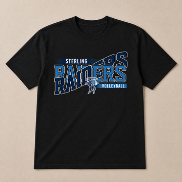 Flat lay of a black game day team tee with a navy and light blue volleyball team design printed in full color on the front.