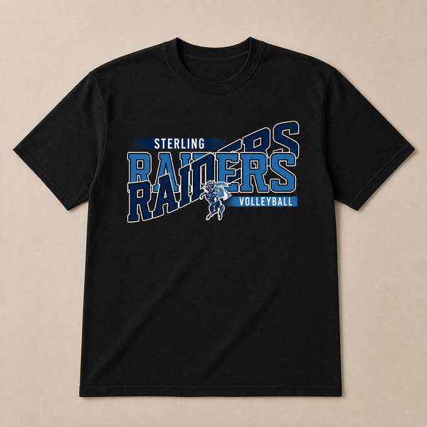 Flat lay of a black game day team tee with a navy and light blue volleyball team design printed in full color on the front.