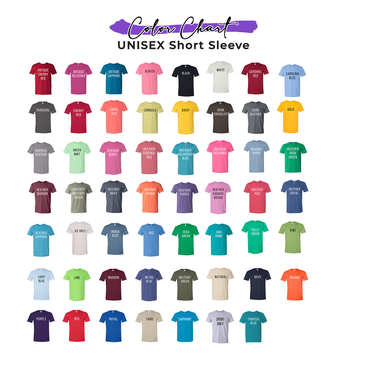 Shirt color chart for the game day team tee.