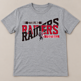Flat lay of a heather gray game day team tee with the football team design in red and black team colors.