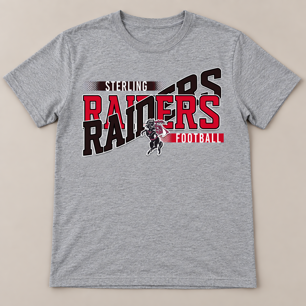 Flat lay of a heather gray game day team tee with the football team design in red and black team colors.