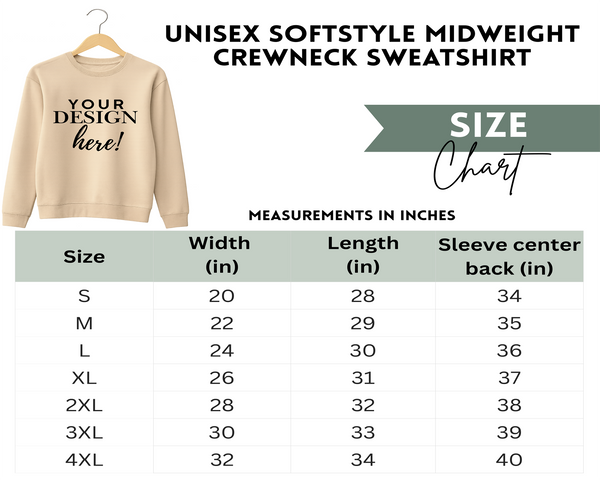 Crewneck sweatshirt size chart for the game day team tee.