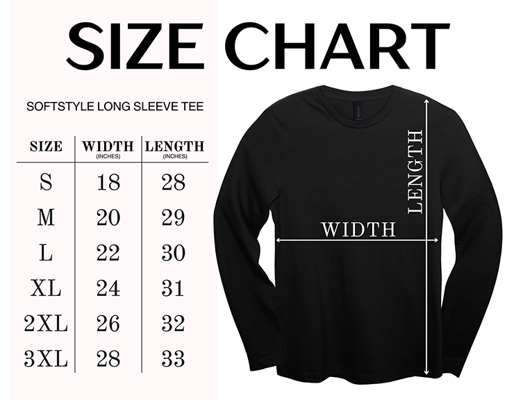Long sleeve tee size chart for the game day team tee.