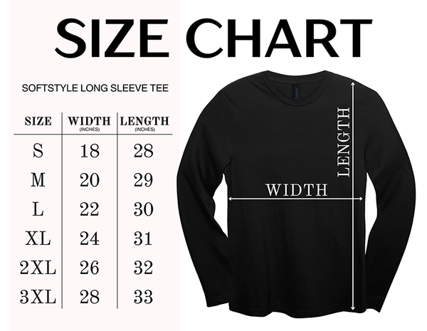 Long sleeve tee size chart for the game day team tee.