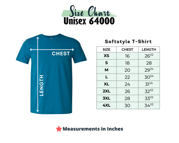 Adult unisex short sleeve tee size chart for the game day team tee.