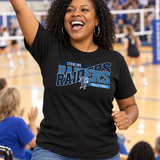 Mom cheering at a high school volleyball game in a black game day team tee with a navy and light blue team design.