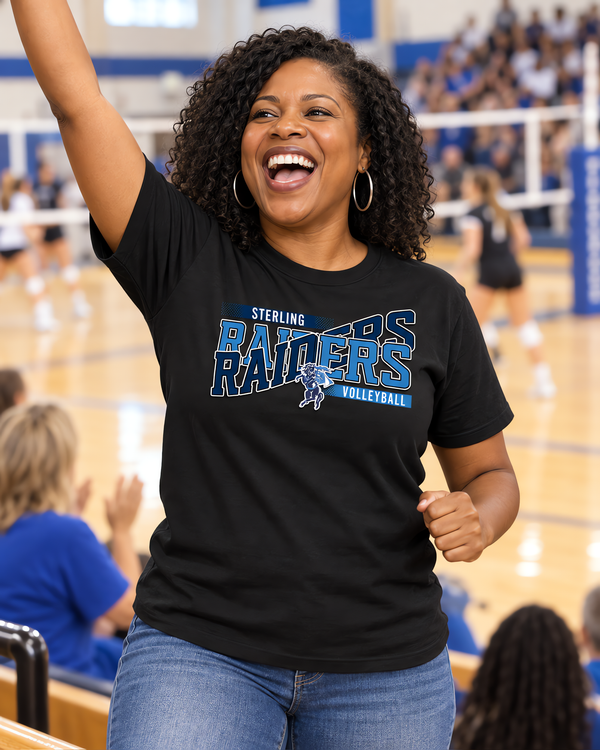 Mom cheering at a high school volleyball game in a black game day team tee with a navy and light blue team design.