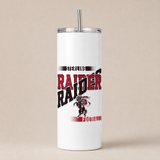 White skinny game day tumbler with a clear lid and metal straw, printed with the football team design in red and black team colors.