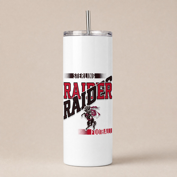 White skinny game day tumbler with a clear lid and metal straw, printed with the football team design in red and black team colors.