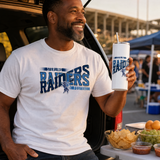 Dad at a tailgate by his SUV holding a white game day tumbler and wearing a matching white football shirt.