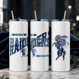 Three white game day skinny tumblers on a marble table showing the team design from the front, side, and the mascot on the back.