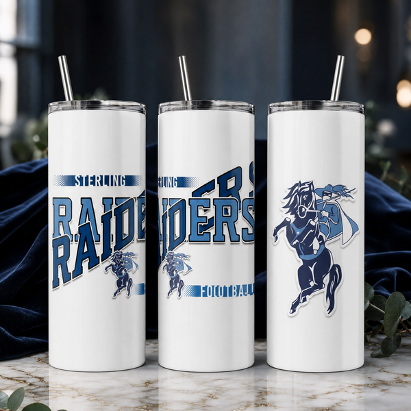 Three white game day skinny tumblers on a marble table showing the team design from the front, side, and the mascot on the back.