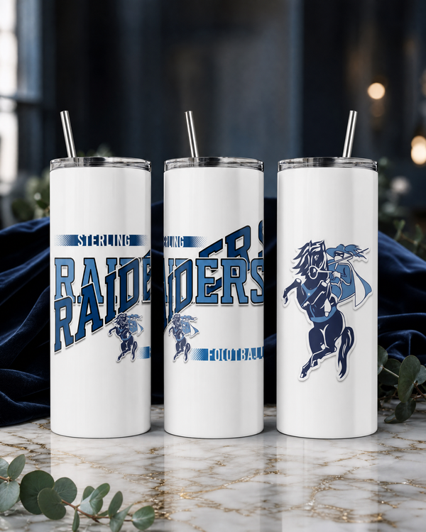Three white game day skinny tumblers on a marble table showing the team design from the front, side, and the mascot on the back.