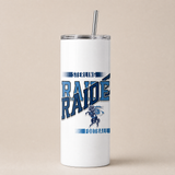White skinny game day tumbler with a clear lid and metal straw, printed with a navy and light blue football team design.