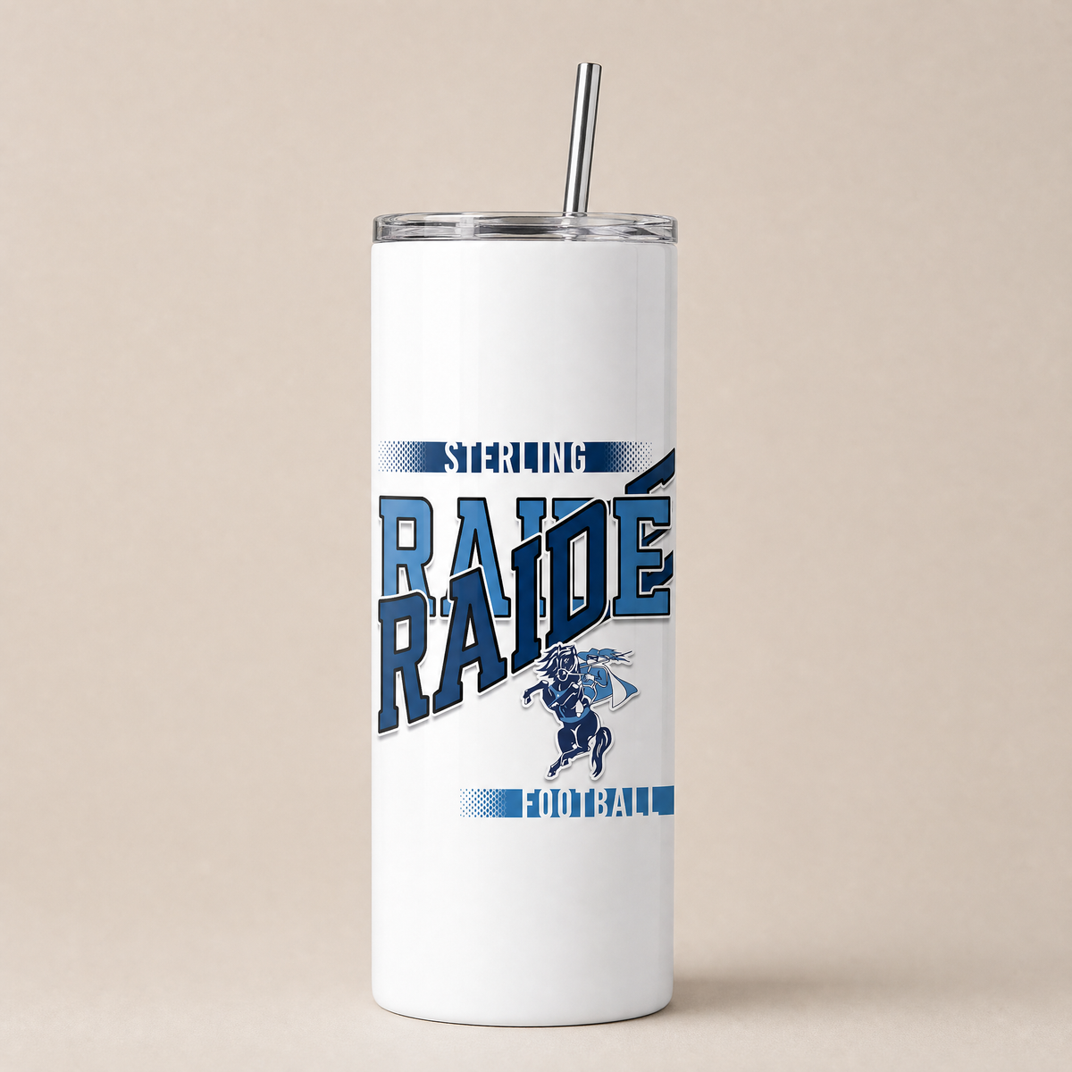 White skinny game day tumbler with a clear lid and metal straw, printed with a navy and light blue football team design.