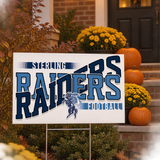 Game day yard sign with a football team design by the front steps of a porch decorated with pumpkins and mums in the fall.