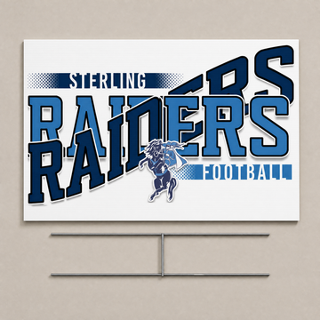 Flat lay of a white coroplast game day yard sign with a navy and light blue football team design and a wire H-stake.