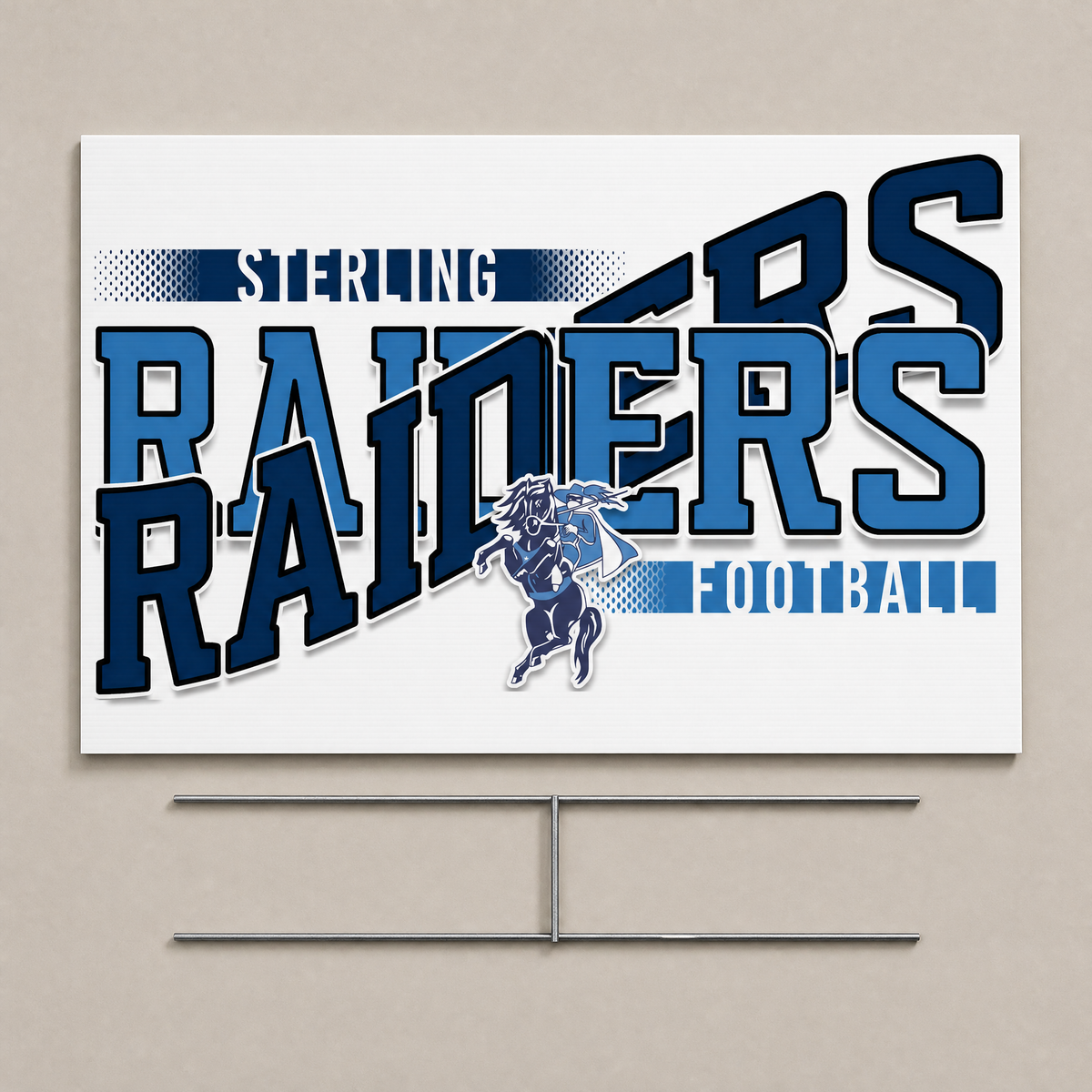 Flat lay of a white coroplast game day yard sign with a navy and light blue football team design and a wire H-stake.