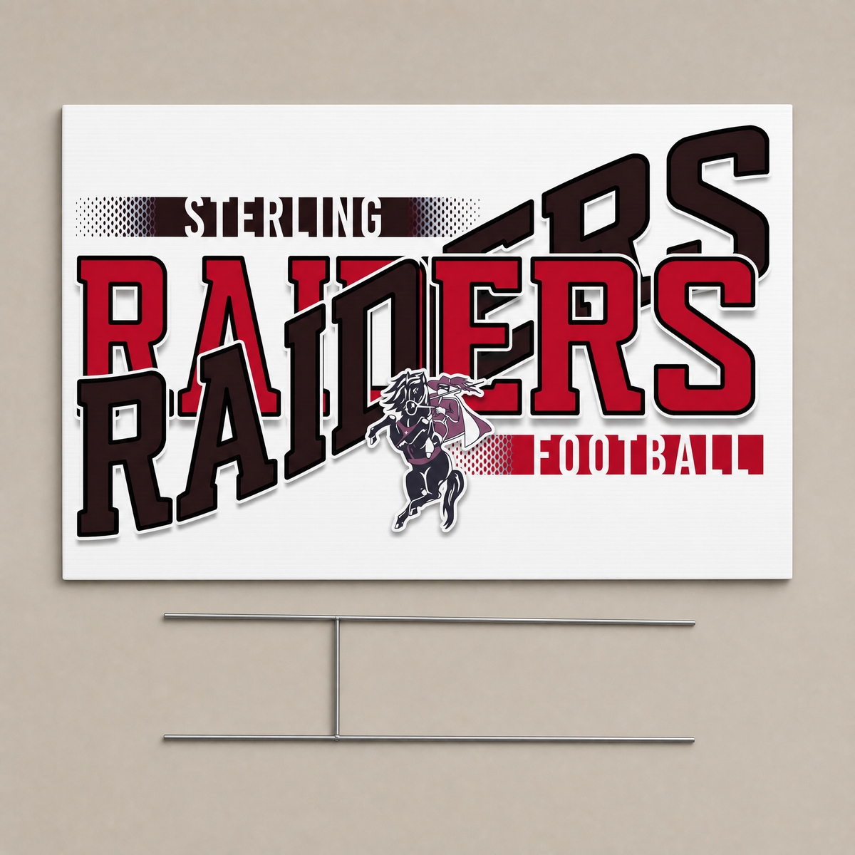 Flat lay of a white coroplast game day yard sign with the football team design in red and black team colors and a wire H-stake.