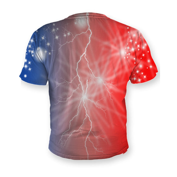 Back of the Heartbeats Split t-shirt, blue and red all over print with lightning and stars