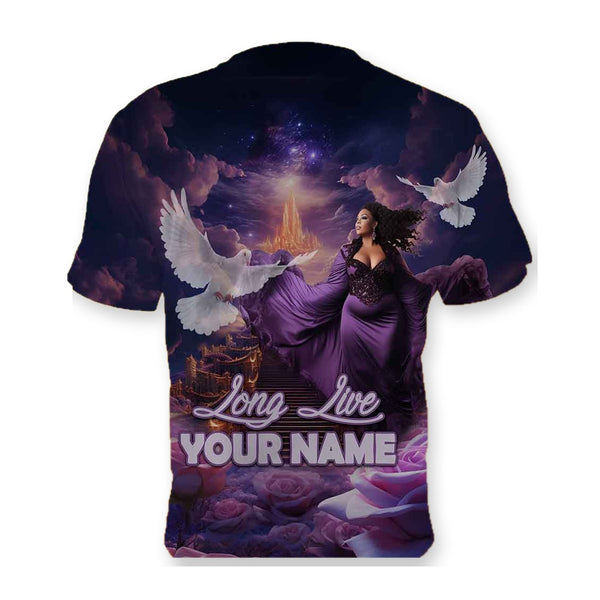 Back of the Heavenly Memorial t-shirt, Long Live Your Name with doves and a purple sky