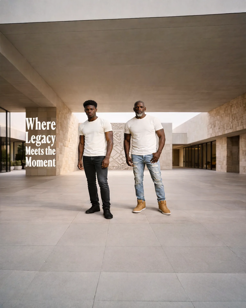  Two men in cream tees standing in a modern courtyard beside the words Where Legacy Meets the Moment