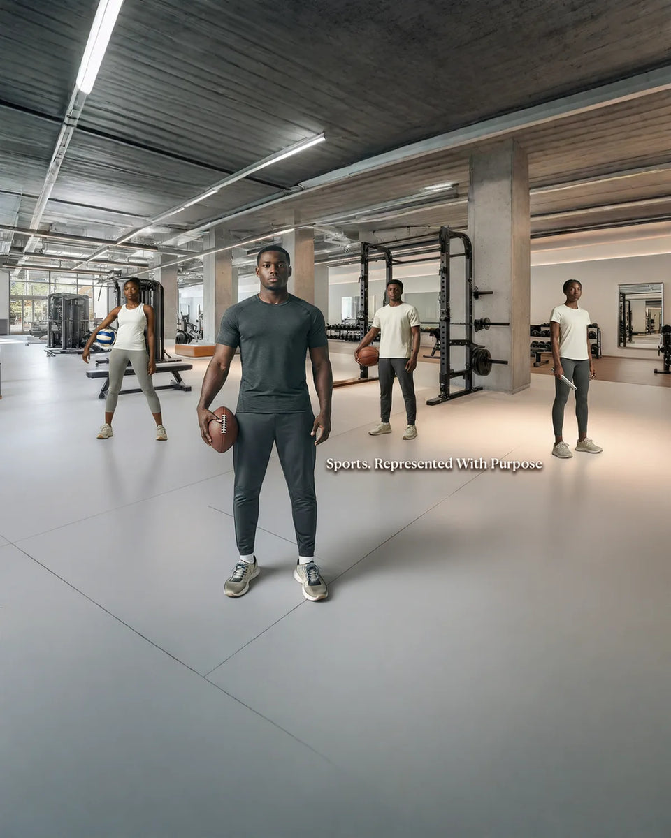  Four athletes in a training facility with football, basketball and volleyball