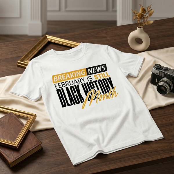 White graphic T-shirt featuring “Still Black History Month” text design, premium printed apparel styled with denim and sneakers.