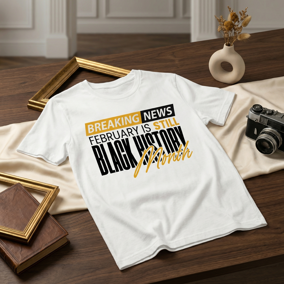 White graphic T-shirt featuring “Still Black History Month” text design, premium printed apparel styled with denim and sneakers.