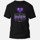Love Shouldn't Hurt domestic violence awareness shirt on black, purple heart with ribbon and Psalm 147:3