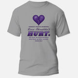 Love Shouldn't Hurt domestic violence awareness shirt on heather grey, purple heart with ribbon and Psalm 147:3