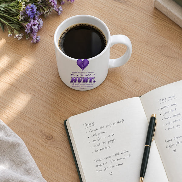 Love Shouldn't Hurt mug on a desk with a journal and purple flowers