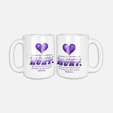 Love Shouldn't Hurt white coffee mug with a purple heart, ribbon, and Psalm 147:3 on both sides