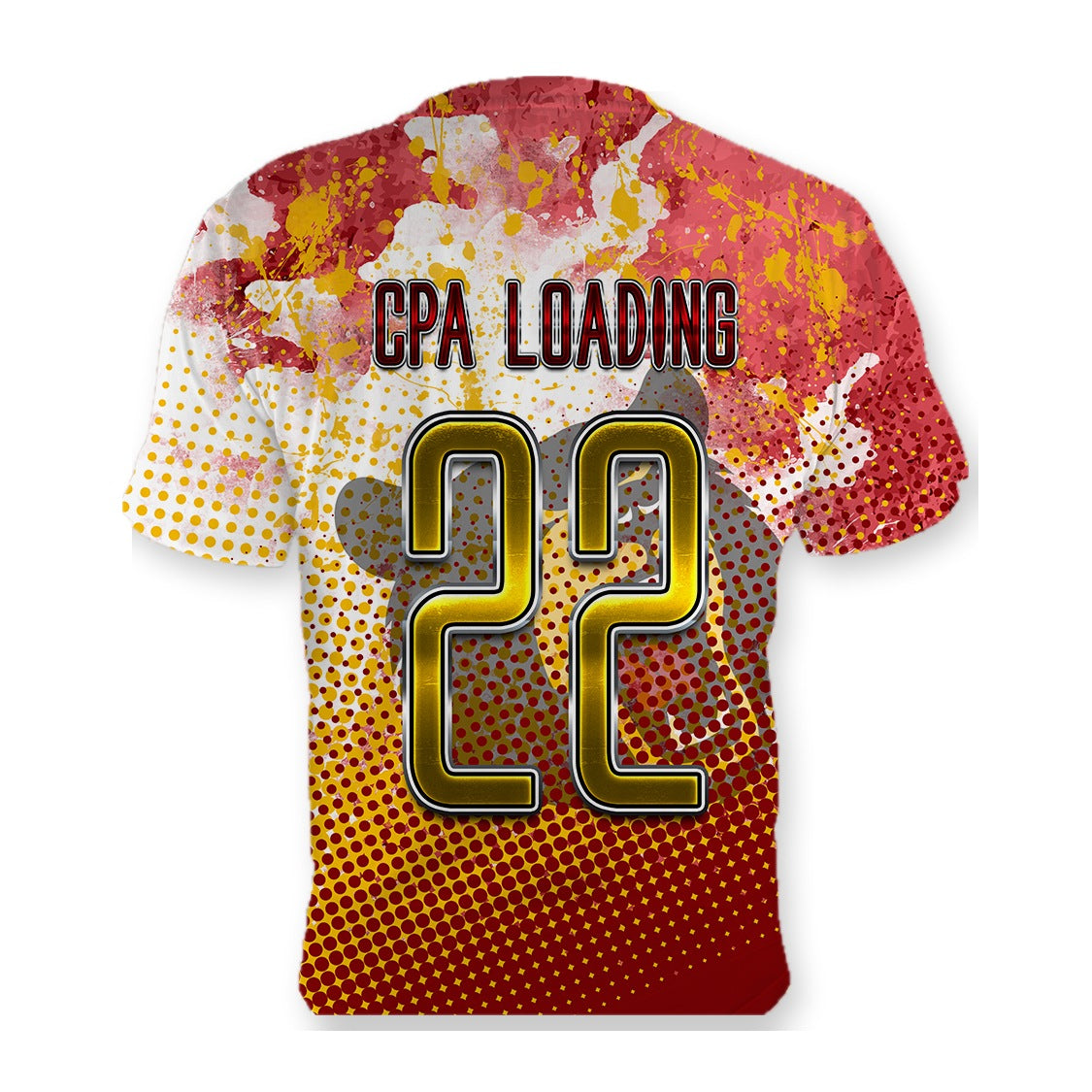 Back of the Mission Accomplished graduation shirt, GPA Loading and number 22 on a red and gold halftone