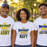 Three veterans in a park wearing white My Different World shirts for the U.S. Army, Navy and Air Force