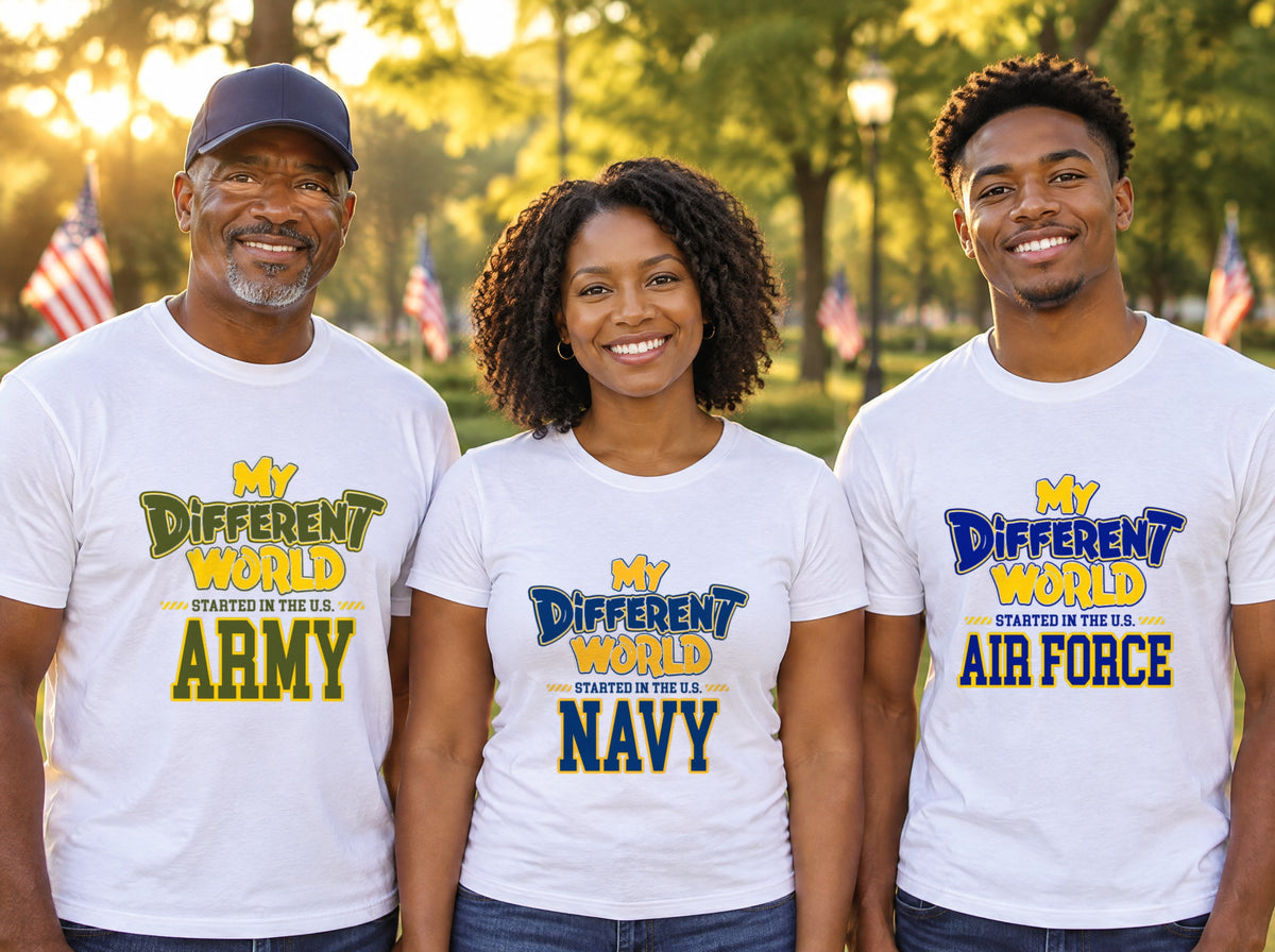 Three veterans in a park wearing white My Different World shirts for the U.S. Army, Navy and Air Force