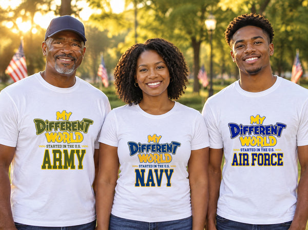 Three veterans in a park wearing white My Different World shirts for the U.S. Army, Navy and Air Force